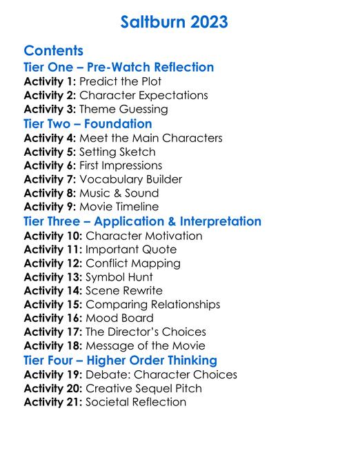 Saltburn 2023 Worksheet Activity Booklet