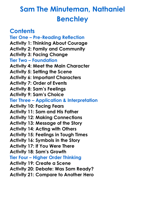 Sam The Minuteman Nathaniel Benchley Worksheet Activity Booklet