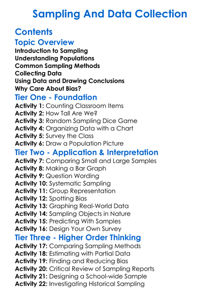 Sampling And Data Collection Worksheet Activity Booklet