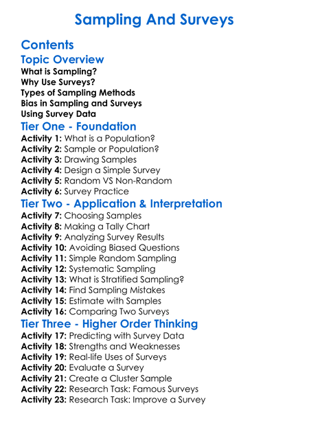 Sampling And Surveys Worksheet Activity Booklet