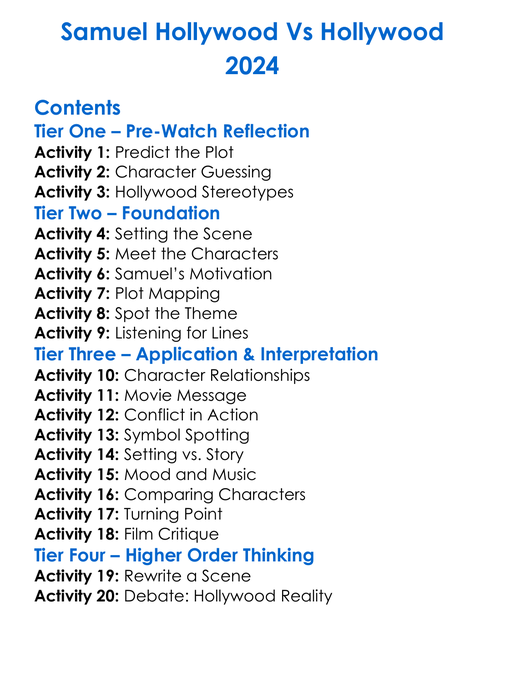 Samuel Hollywood Vs Hollywood 2024 Worksheet Activity Booklet
