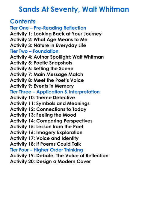 Sands At Seventy Walt Whitman Worksheet Activity Booklet