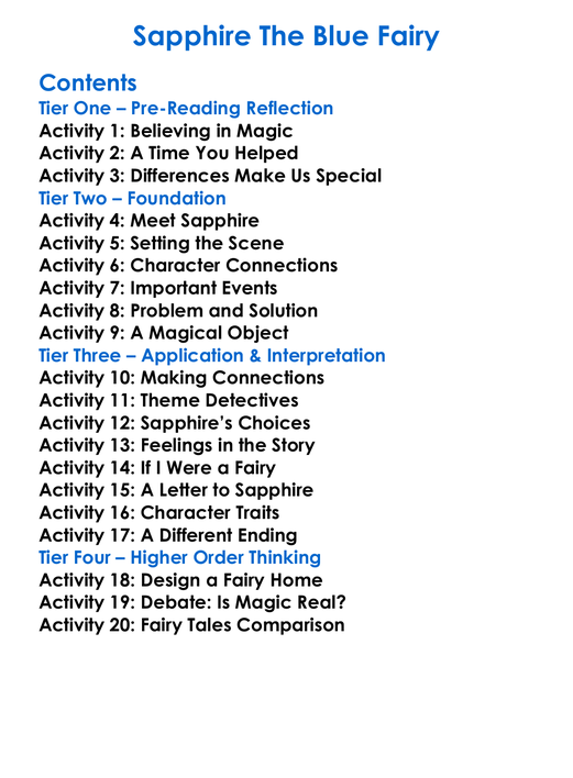 Sapphire The Blue Fairy Worksheet Activity Booklet