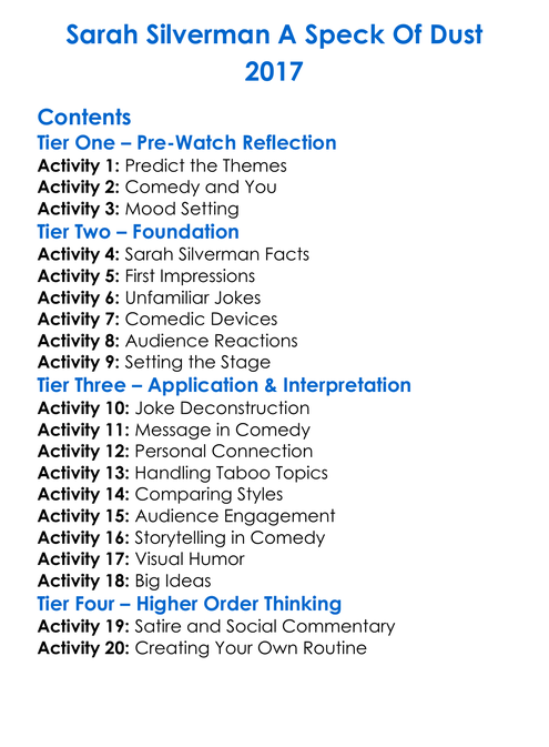 Sarah Silverman A Speck Of Dust 2017 Worksheet Activity Booklet