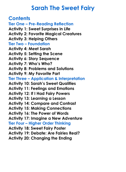 Sarah The Sweet Fairy Worksheet Activity Booklet