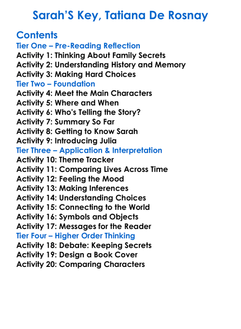 Sarahs Key Tatiana De Rosnay Worksheet Activity Booklet