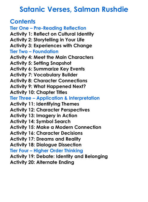 Satanic Verses Salman Rushdie Worksheet Activity Booklet