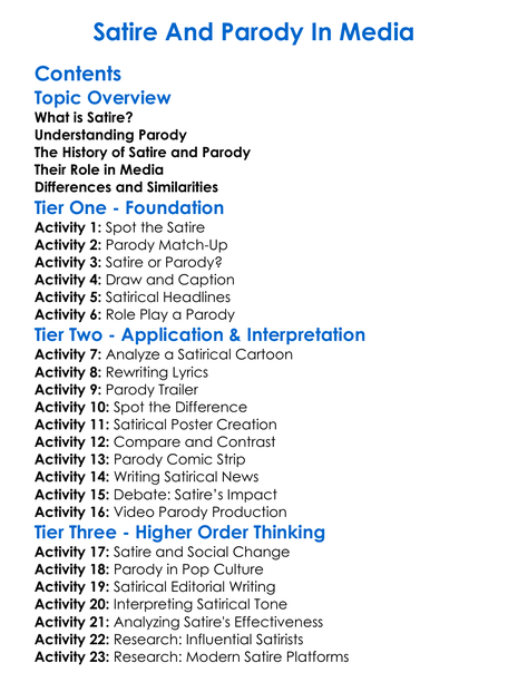 Satire And Parody In Media Worksheet Activity Booklet