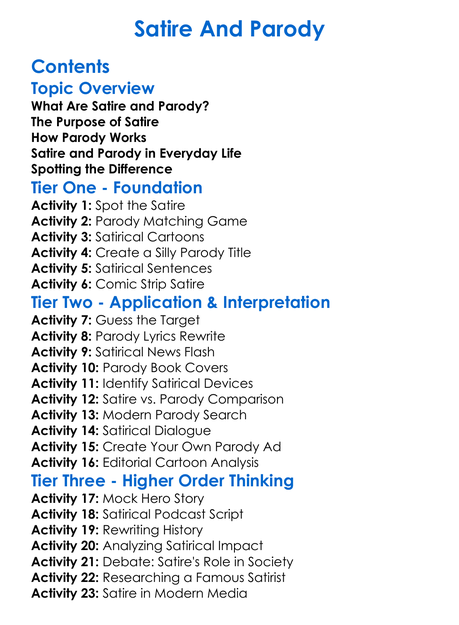 Satire And Parody Worksheet Activity Booklet