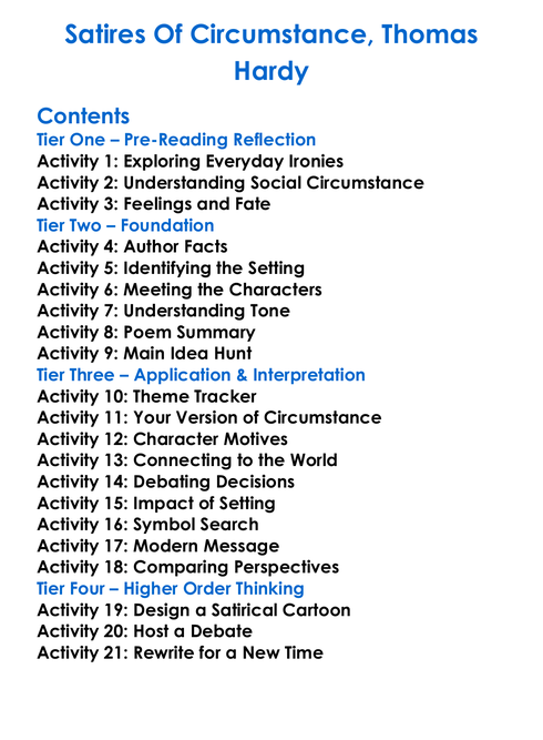 Satires Of Circumstance Thomas Hardy Worksheet Activity Booklet