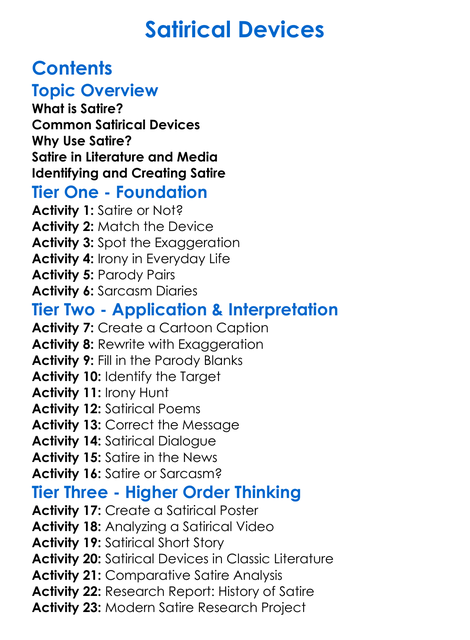 Satirical Devices Worksheet Activity Booklet