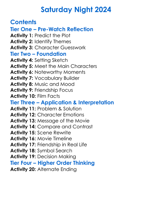 Saturday Night 2024 Worksheet Activity Booklet