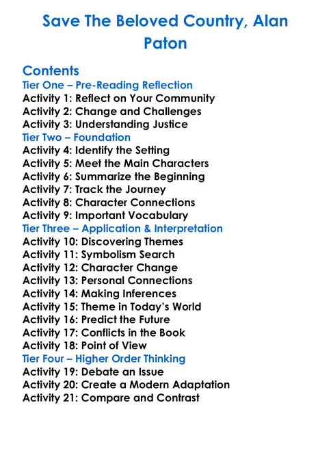 Save The Beloved Country Alan Paton Worksheet Activity Booklet