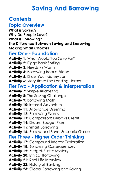 Saving And Borrowing Worksheet Activity Booklet