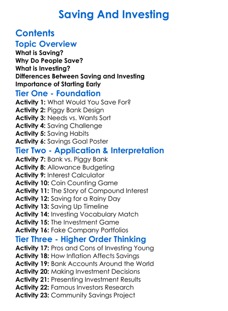 Saving And Investing Worksheet Activity Booklet