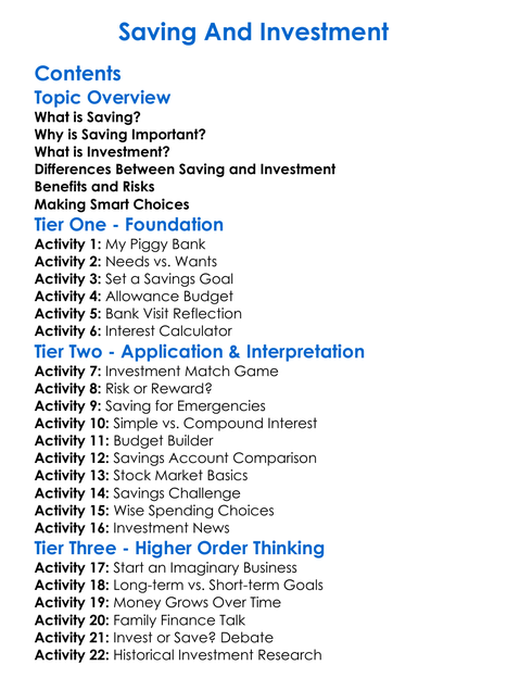 Saving And Investment Worksheet Activity Booklet