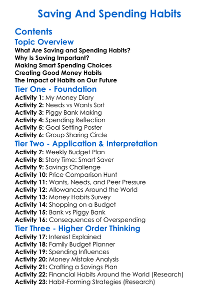 Saving And Spending Habits Worksheet Activity Booklet