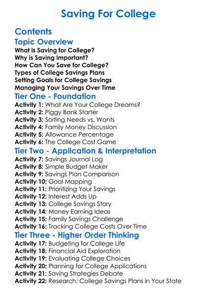 Saving For College Worksheet Activity Booklet