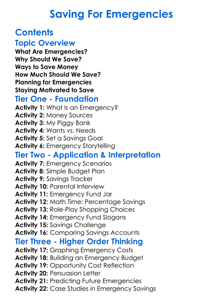 Saving For Emergencies Worksheet Activity Booklet