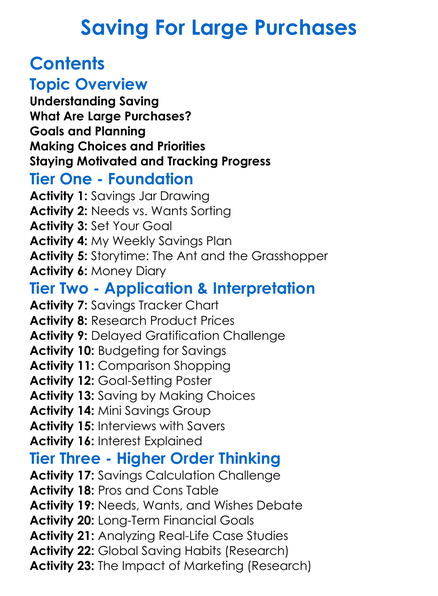 Saving For Large Purchases Worksheet Activity Booklet