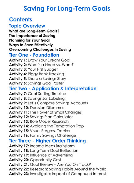 Saving For Long-Term Goals Worksheet Activity Booklet