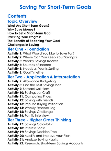 Saving For Short-Term Goals Worksheet Activity Booklet