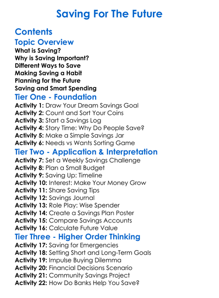 Saving For The Future Worksheet Activity Booklet