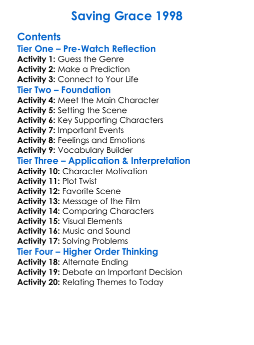 Saving Grace 1998 Worksheet Activity Booklet