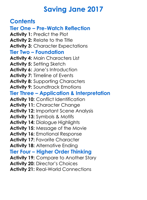 Saving Jane 2017 Worksheet Activity Booklet