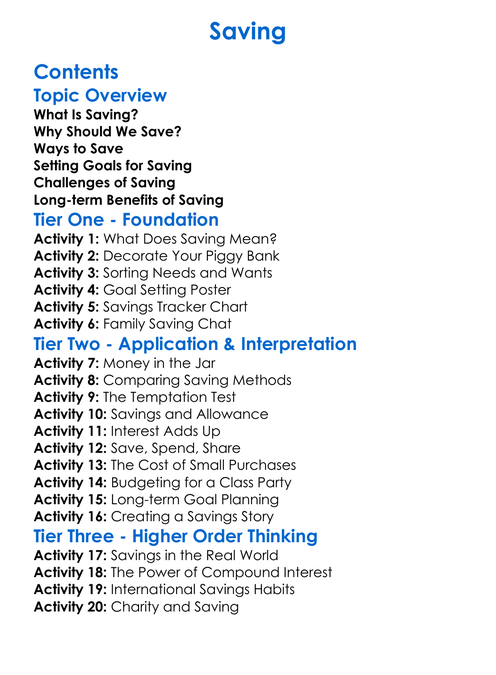 Saving Worksheet Activity Booklet