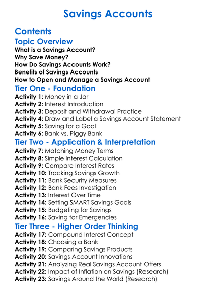 Savings Accounts Worksheet Activity Booklet