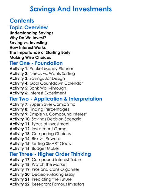 Savings And Investments Worksheet Activity Booklet