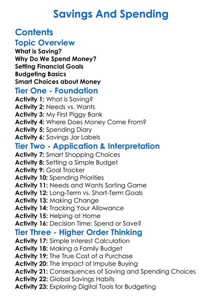 Savings And Spending Worksheet Activity Booklet