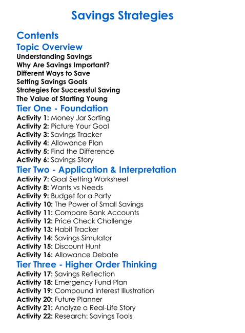Savings Strategies Worksheet Activity Booklet