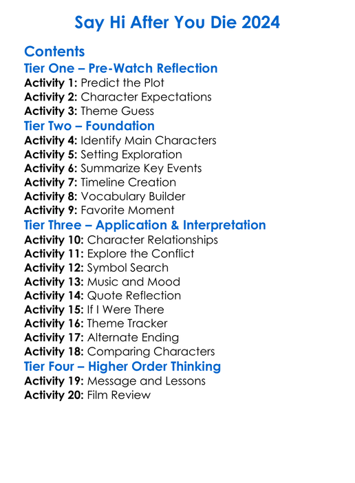 Say Hi After You Die 2024 Worksheet Activity Booklet
