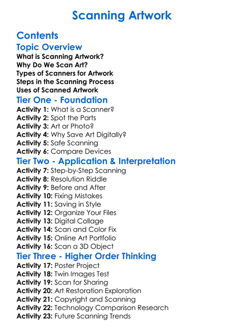 Scanning Artwork Worksheet Activity Booklet