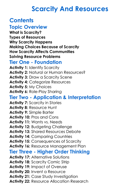 Scarcity And Resources Worksheet Activity Booklet