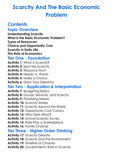 Scarcity And The Basic Economic Problem Worksheet Activity Booklet