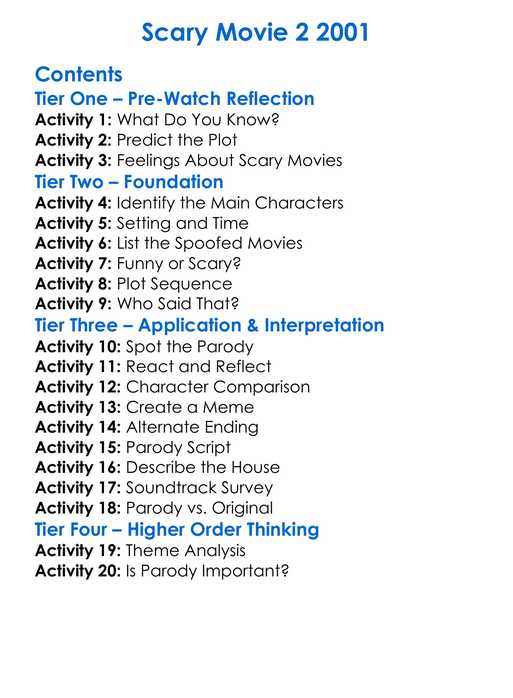 Scary Movie 2 2001 Worksheet Activity Booklet