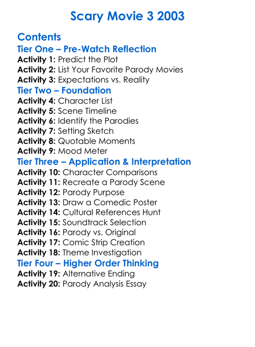 Scary Movie 3 2003 Worksheet Activity Booklet