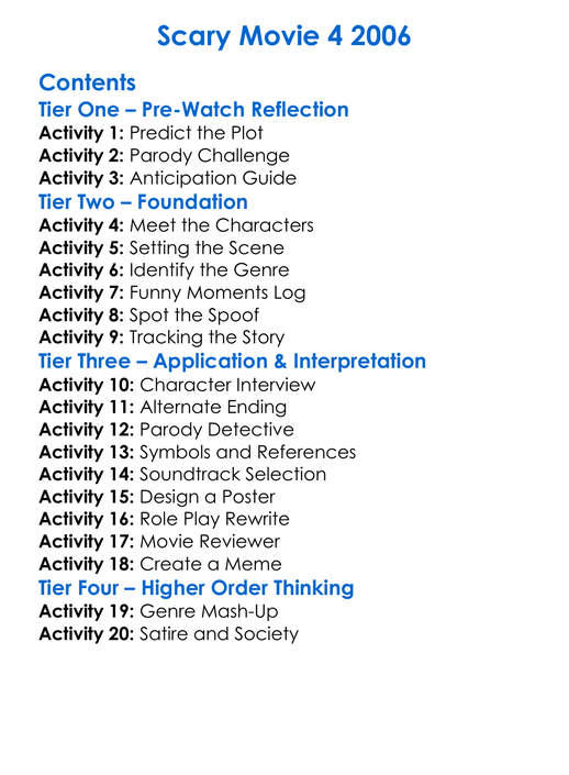 Scary Movie 4 2006 Worksheet Activity Booklet