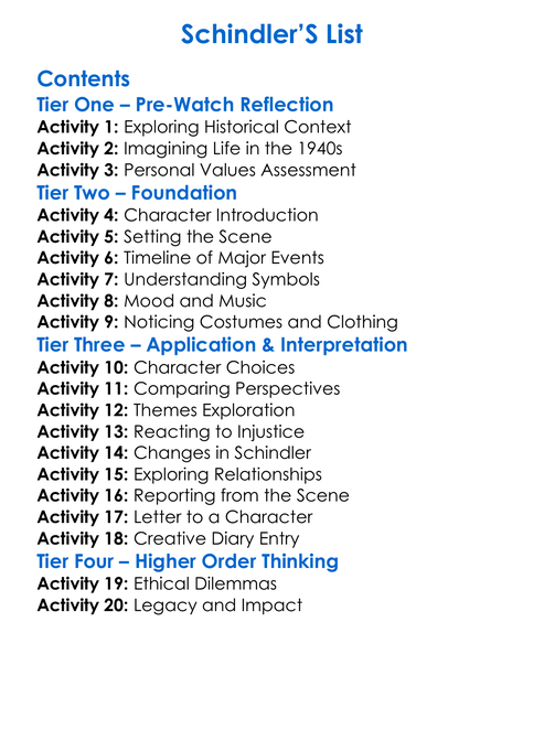 Schindlers List Worksheet Activity Booklet
