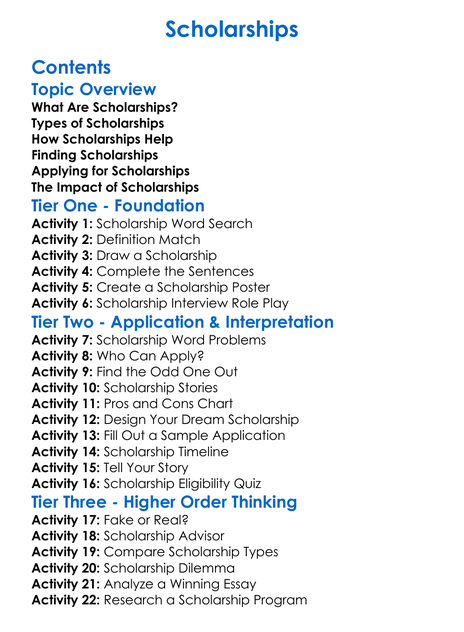 Scholarships Worksheet Activity Booklet