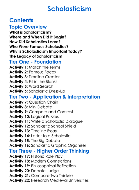 Scholasticism Worksheet Activity Booklet