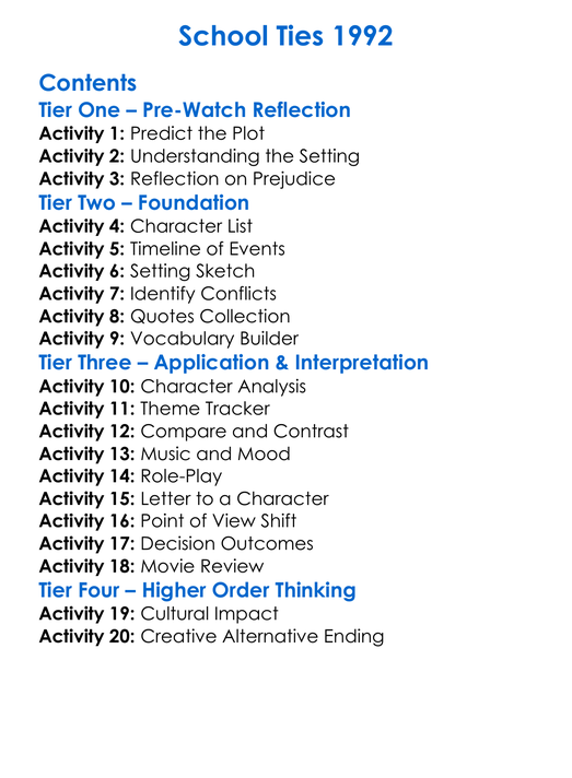 School Ties 1992 Worksheet Activity Booklet