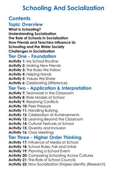 Schooling And Socialization Worksheet Activity Booklet
