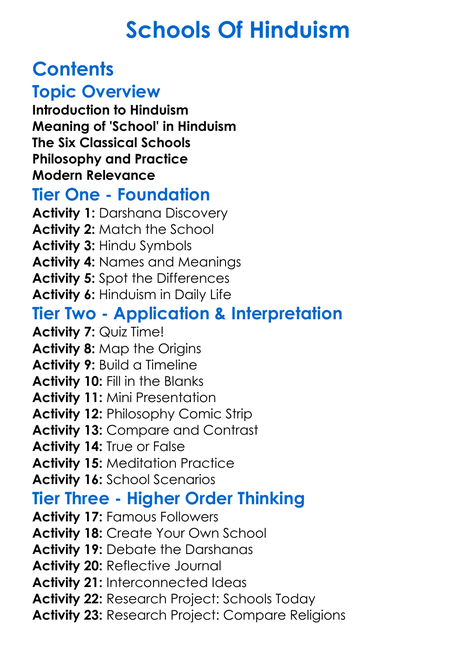 Schools Of Hinduism Worksheet Activity Booklet