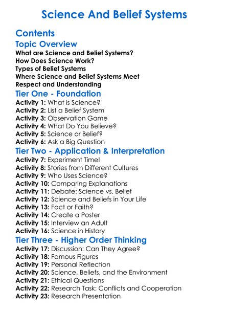 Science And Belief Systems Worksheet Activity Booklet
