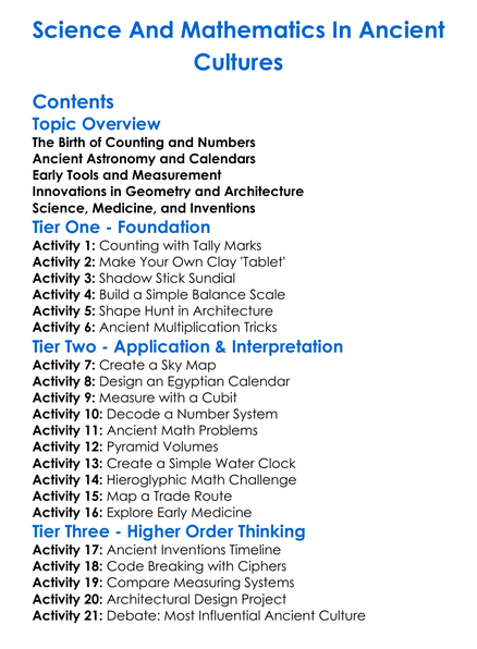 Science And Mathematics In Ancient Cultures Worksheet Activity Booklet