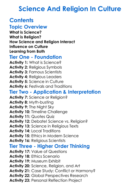 Science And Religion In Culture Worksheet Activity Booklet